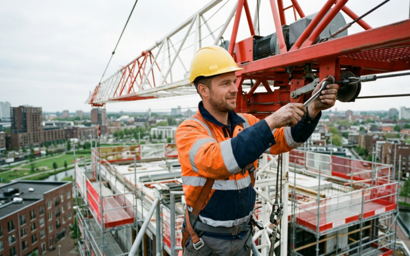 je ziet hier een man op een hoge kraan. hij is hier dingen op aan het maken.