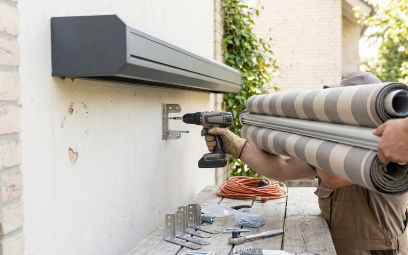 je ziet hier hulpmonteur die een zonwering aan het plaatsen is bij iemand thuis.