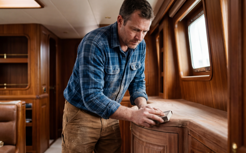 je ziet op deze afbeelding een man die werkzaam is als meubelmaker jachtinterieur.