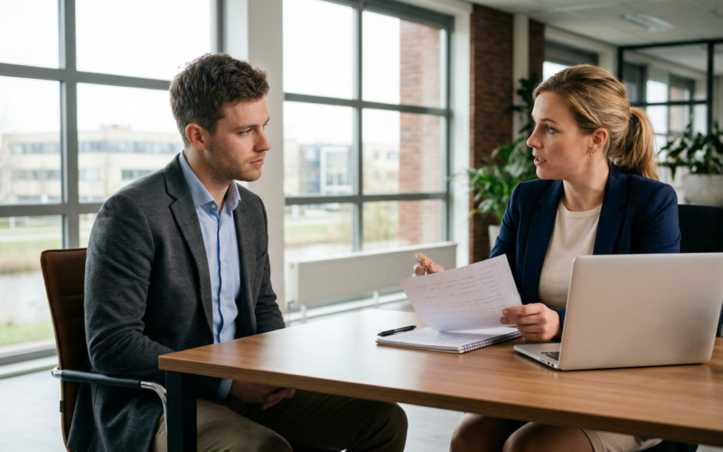 je ziet hier een vrouw en man. de vrouw legt de man uit hoe hij afwijzing bij een vacature kan voorkomen. ze zitten hier in een kantoor om een tafel.