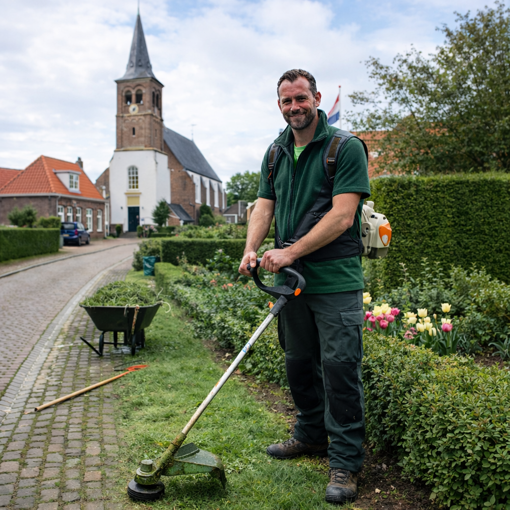Een groenvoorziening medewerker aan het werk in de buitenlucht met een bosmaaier