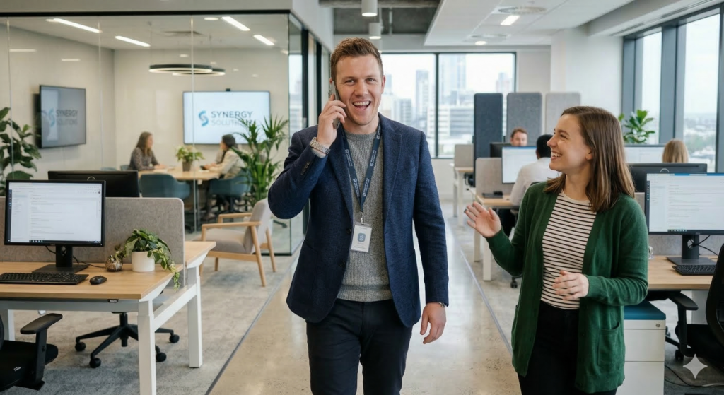 Een man is commercieel medewerker en is aan het bellen