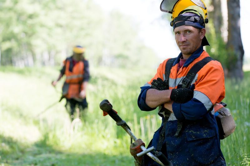 twee mannen zijn werkzaam in de groenvoorziening en zijn bezig met het maaien van gras met een bosmaaier.
