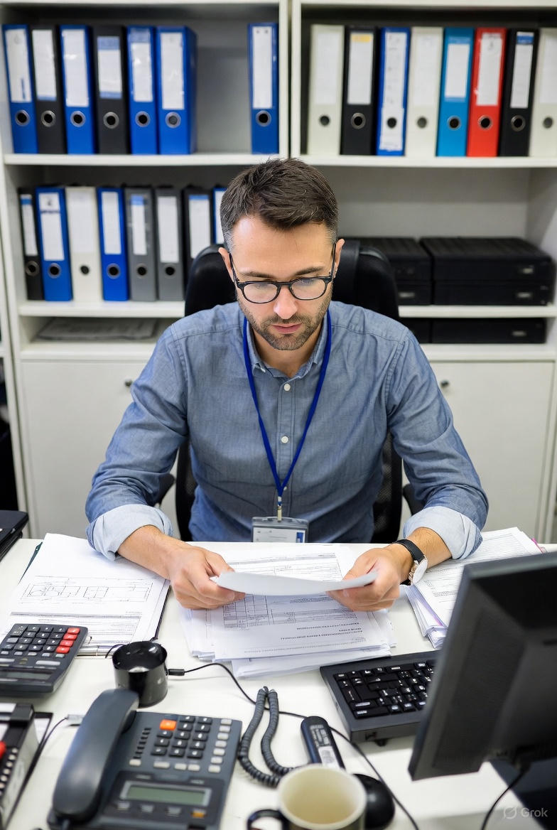 office medewerker die op kantoor zijn werkzaamheden uitvoert