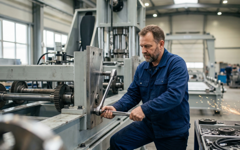 hier zie je iemand die in dienst is in de machine bouw