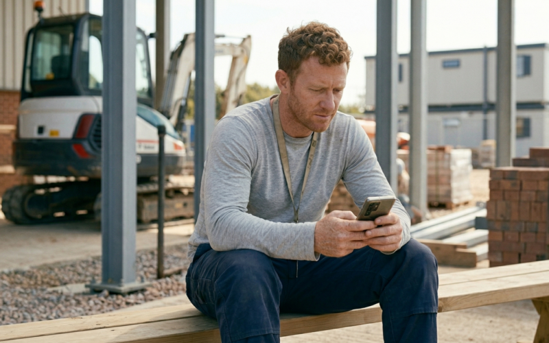 je ziet hier een man die op zijn telefoon ander werk aan het zoeken is.