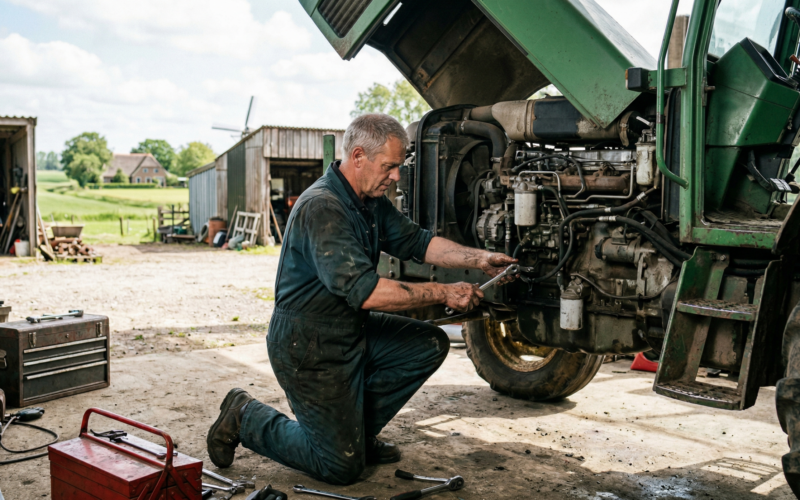 je ziet hier een man bij een tractor zitten. hij is monteur tractoren maar specialiseert zich nu in landbouwmechanisatie