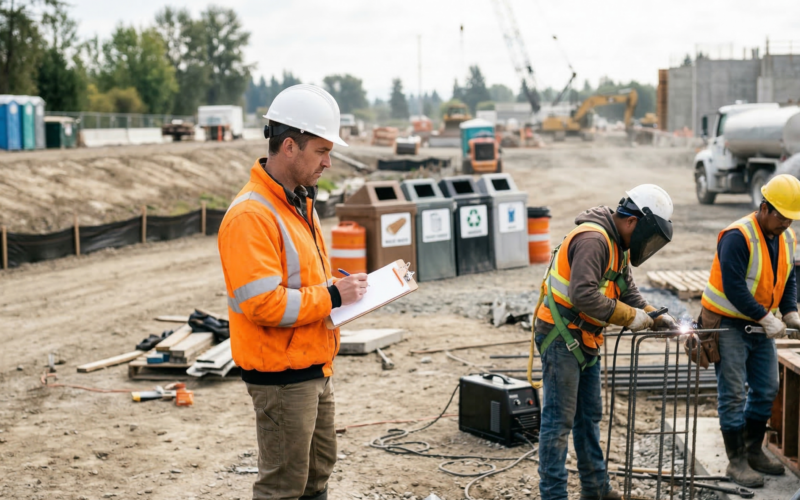je ziet hier een teamleider/manager die alles in de gaten houdt en de veiligheid en het milieu scherp in de gaten houdt
