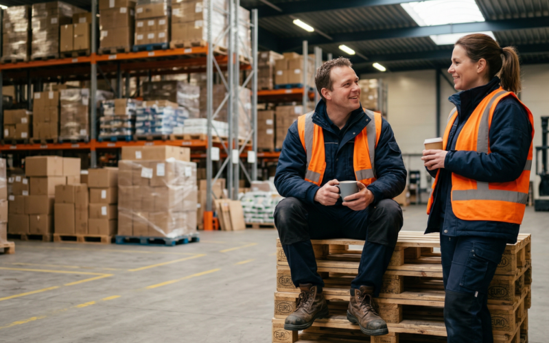 je ziet hier twee werknemers die pauze hebben tussen het werken door. ze zitten in een loods samen te lachen en een bak koffie te drinken
