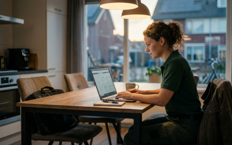 je ziet hier een vrouw in haar werkkleding aan tafel zitten en op haar laptop te kijken naar een nieuwe baan.