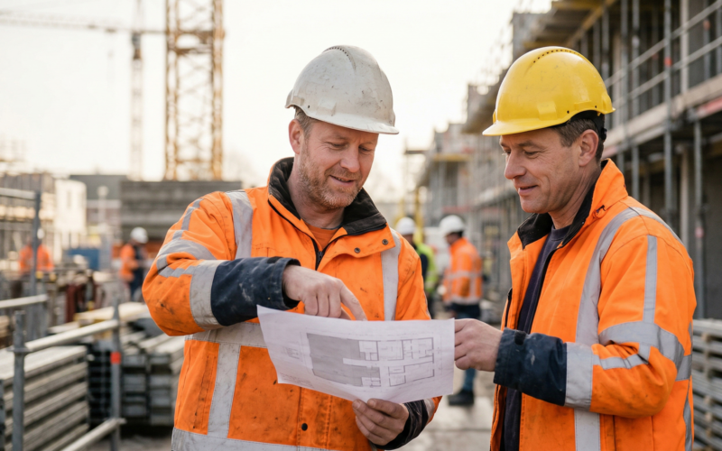 je ziet hier twee mannen die werkzaam zijn in de bouw. de ene man legt de andere man uit wat een CAO is.