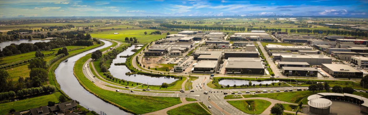 Aerial view of the business park Coenecoop close to Waddinxveen and Gouda, the Netherlands