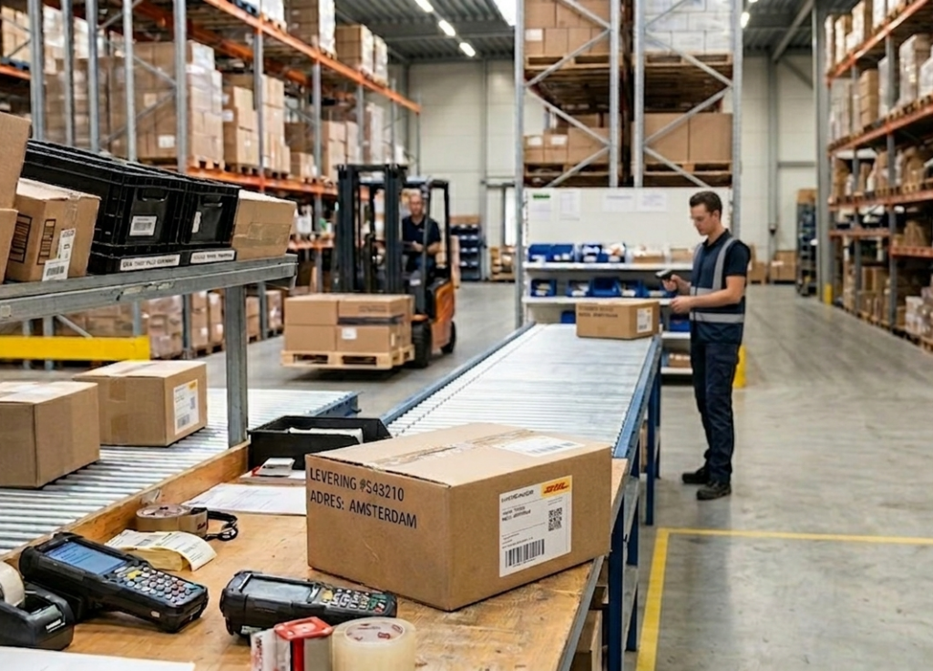 Logistiek medewerker dozen aan het inscannen in het magazijn