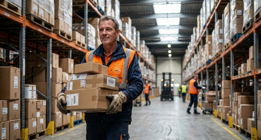 hier zie je een man die aan het werken is in een logistieksfabriek. hij is dozen aan het dragen