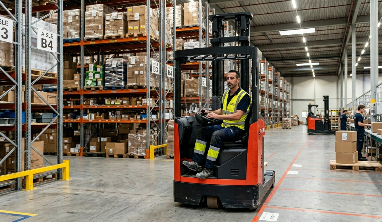 Reachtruck aan het werk in een magazijn