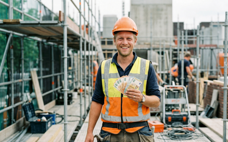 je ziet hier een man die met zijn vakantiegeld op zijn werk staat