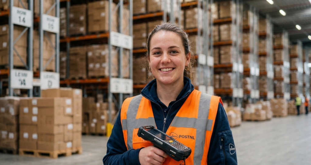 hier zie je een vrouw in een logistiekfabriek staan.