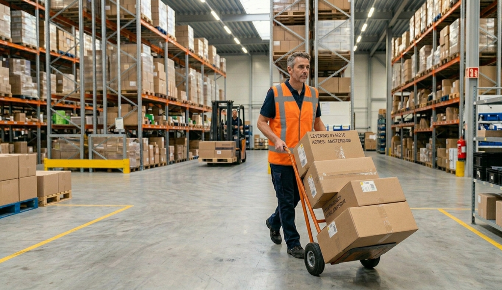 Een magazijn medewerker die in een magazijn dozen aan het verplaatsen is met een steekwagen