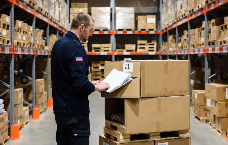 een logistiek medewerker die staat in een magazijn en dozen checkt