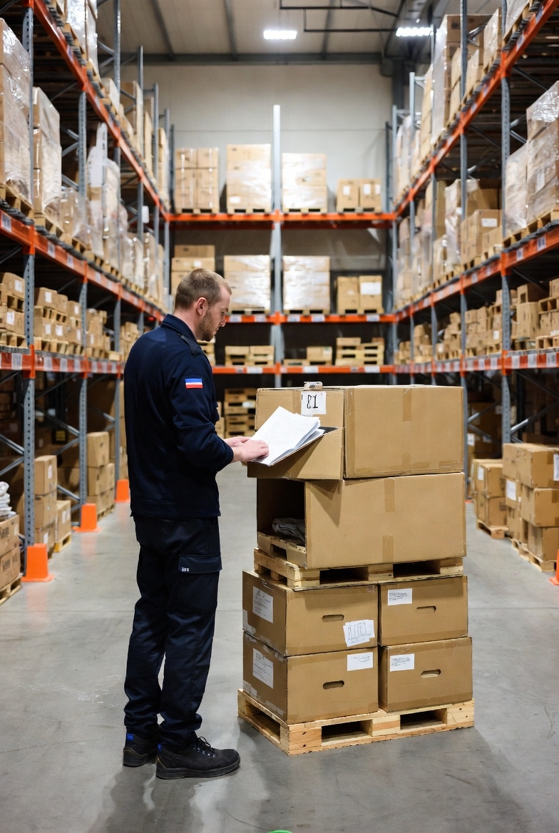 een logistiek medewerker die staat in een magazijn en dozen checkt