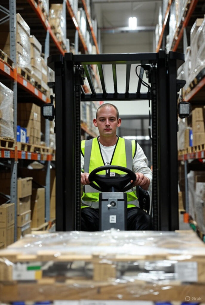 een logistiek medewerker die rijdt in een heftruck