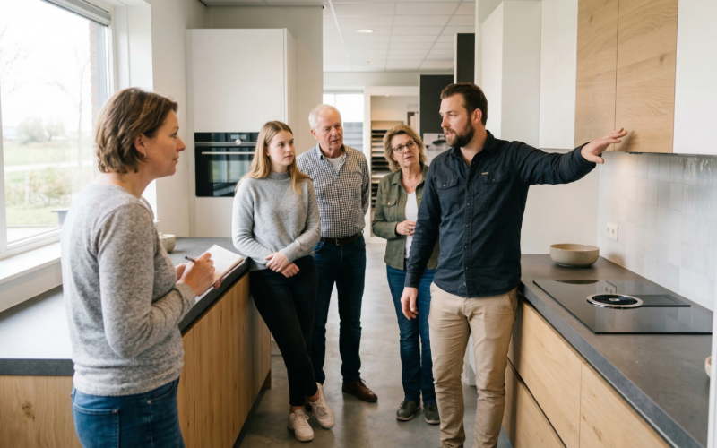 hier zie je iemand van een keuken winkel uitleg geven aan mensen over de keuken