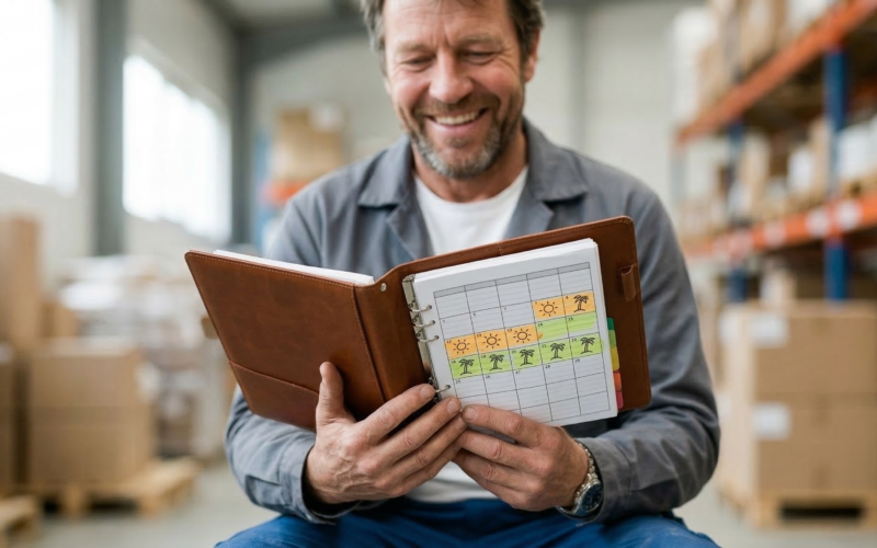 je ziet hier een man die zijn vrije dagen aan het bekijken is