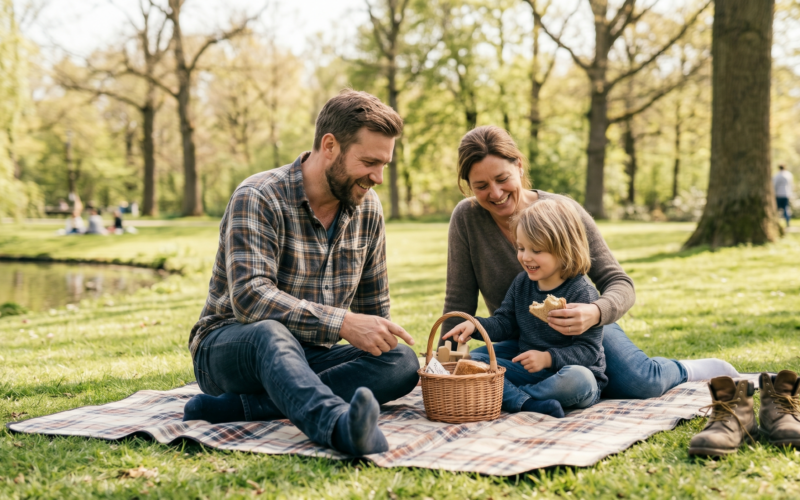 je ziet hier een man die zijn vrije dag met zijn gezin besteedt. ze zijn hier aan het picknicken in het park.