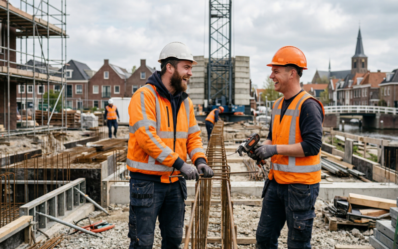je ziet hier een 2 werknemers/mannen die aan het werk zijn en lol hebben met elkaar en erg aan het lachen zijn.