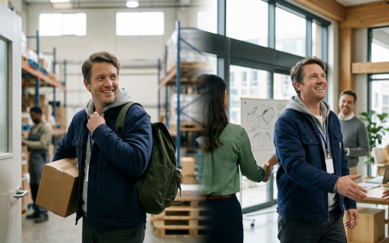 je ziet hier een man die van werk veranderd en daar erg blij mee is.