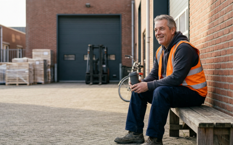 je ziet hier een man die op een stoep zit met een bak koffie tijdens zijn werk