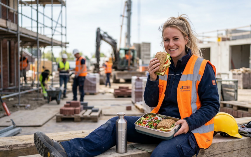 je ziet hier een vrouw op werk die met de lunch gezond aan het eten is