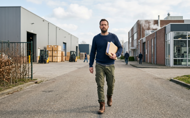 je ziet hier een man die aan het lopen is op een terrein met veel bedrijven om zich heen. hij is op zoek naar de perfecte baan.