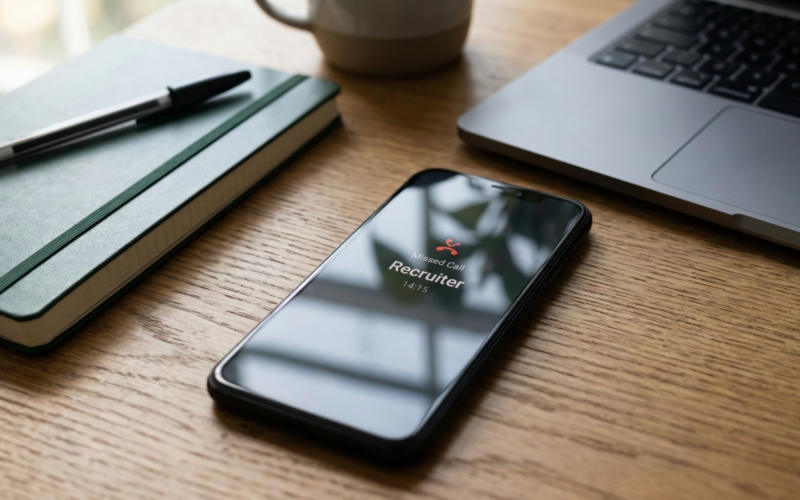 je ziet hier een telefoon met een gemiste oproep van een recruiter