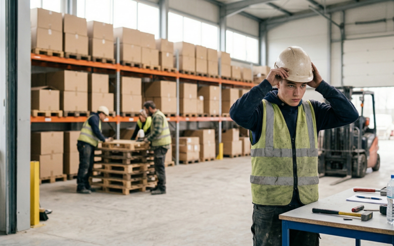 je ziet hier een jonge die op tijd op zijn werk is. hij staat hier in een loods zich klaar te maken om te werken.