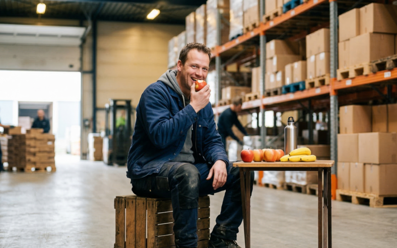 je ziet hier een man die fruit eet op de werkvloer/zijn werk