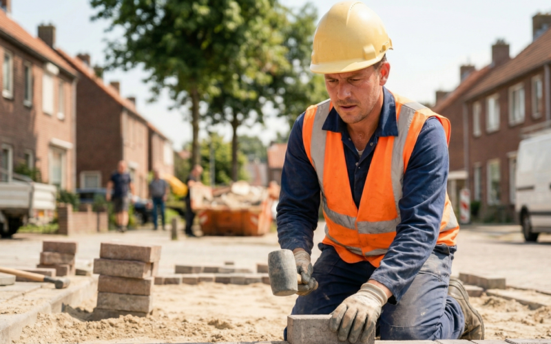 je ziet hier een man zie een straat aan het betegelen is maar het heel warm heeft door de brandende zon