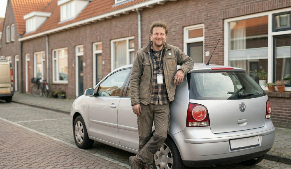 je ziet hier en werknemer voor een auto van de zaak staan