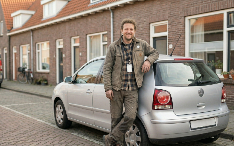 je ziet hier en werknemer voor een auto van de zaak staan