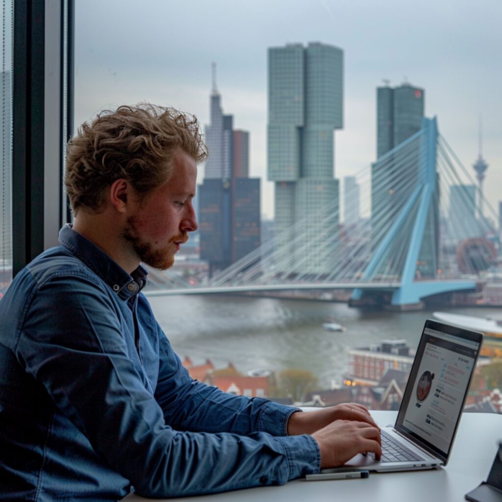 Een witte man schrijft en CV op zijn laptop op kantoor met een uitzicht op de erasmus brug en de hoofbouw van Rotterdam.