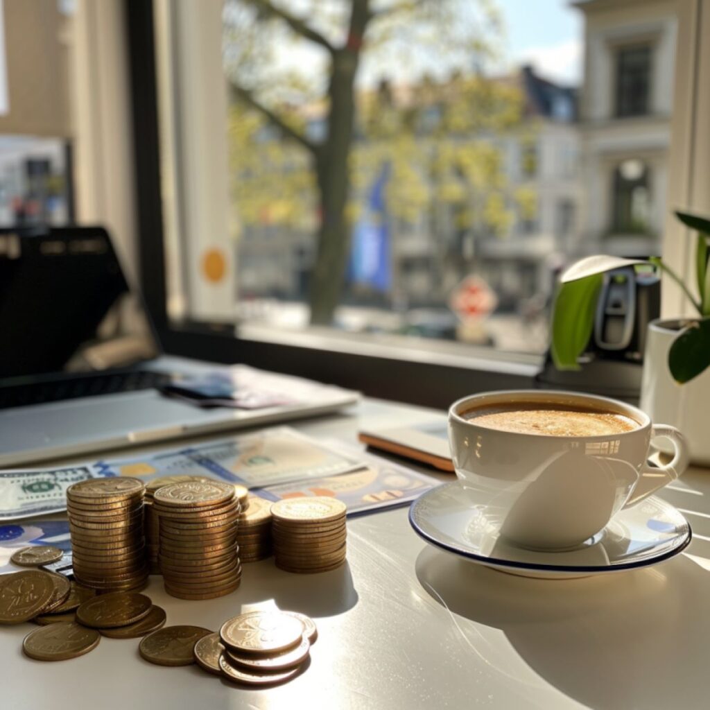 Geld, bak koffie en een spel op een bureau met uitzicht naar buiten door een raam op een straat.