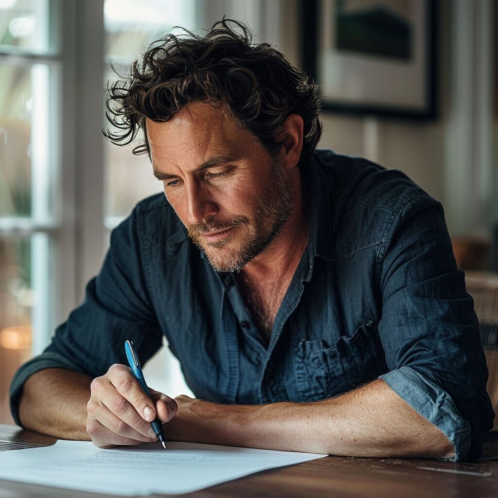 een blanke man schrijft een open sollicitatie vanaf de keukentafel in zijn huis.