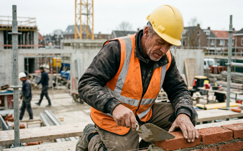 je ziet hier een oude man die aan het werk is in de bouw