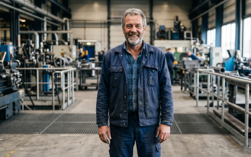 je ziet hier een man van 50+ die aan het werk is.