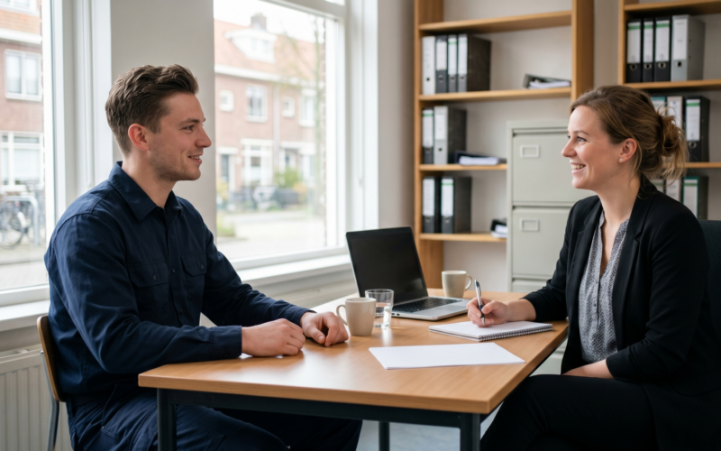 je ziet hier ene man en vrouw zitten, hun hebben een sollicitatiegesprek en zijn aan het praten