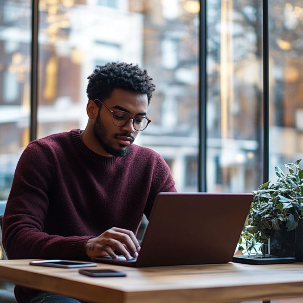 Een man schrijft met de laptop een ontslag brief