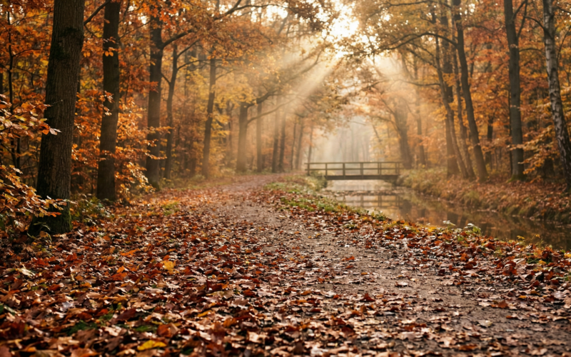 je ziet hier een prachtig plaatje van het herfstseizoen. je ziet de mooie blaadjes en bomen met de mooie zon erdoorheen.