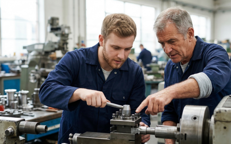 hier zie je een werkgever die een werknemers iets uitlegt. hierdoor ontwikkeld de werknemer zich.