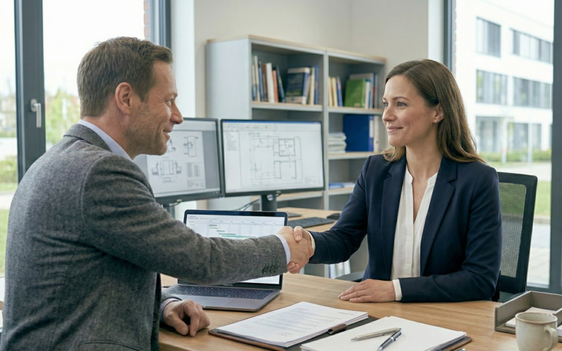je ziet een vrouw en een man die elkaar de hand schudden.