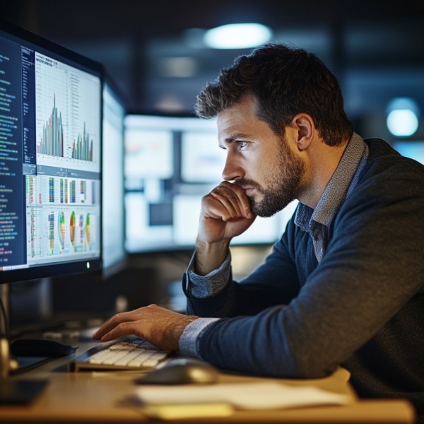 Een man die administratief medewerker is en achter een computer scherm zit